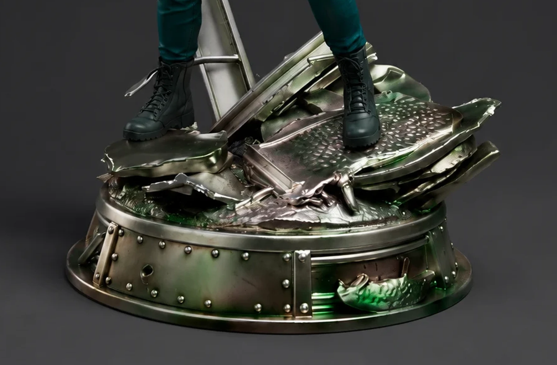 Alita Battle Angel collectible — close-up of the sculpted debris diorama base with riveted metal collar and weathered patina